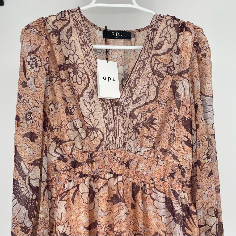 O.P.T NWT FLORAL DEGAGE PEACH ROSE GOLD METALLIC BOHO PEASANT DRESS SMALL ANTHRO - Picture 4 of 11